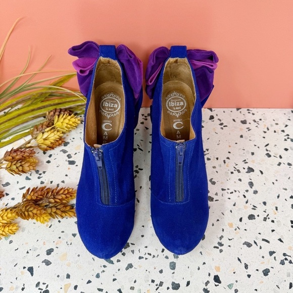Jeffrey Campbell Blue Suede Leather Bow Back Zip Women’s Wedge Booties Sz 8.5 - Picture 2 of 13